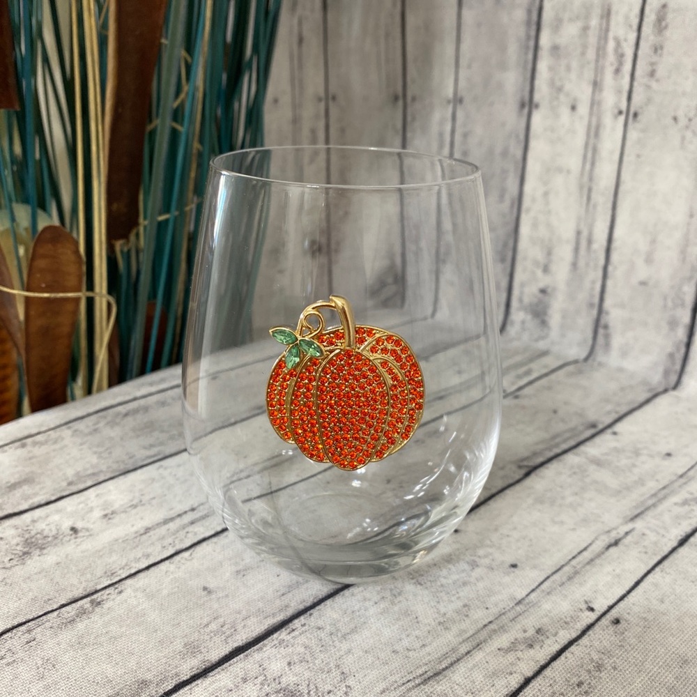 FALL PUMPKIN STEMLESS BLING GEMS WINE GLASS